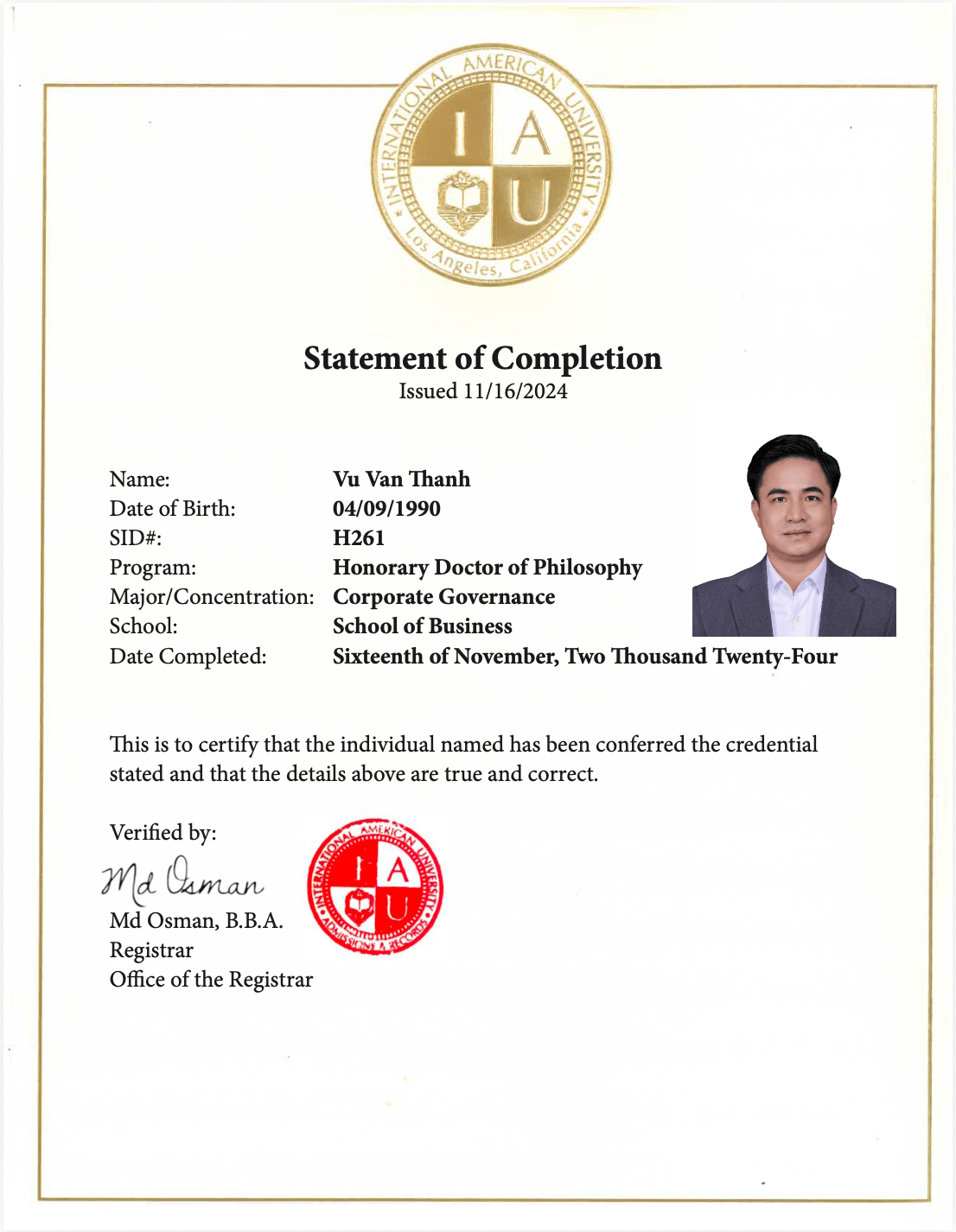 Chứng nhận Danh dự IAU Statement trao tặng Vũ Văn Thành