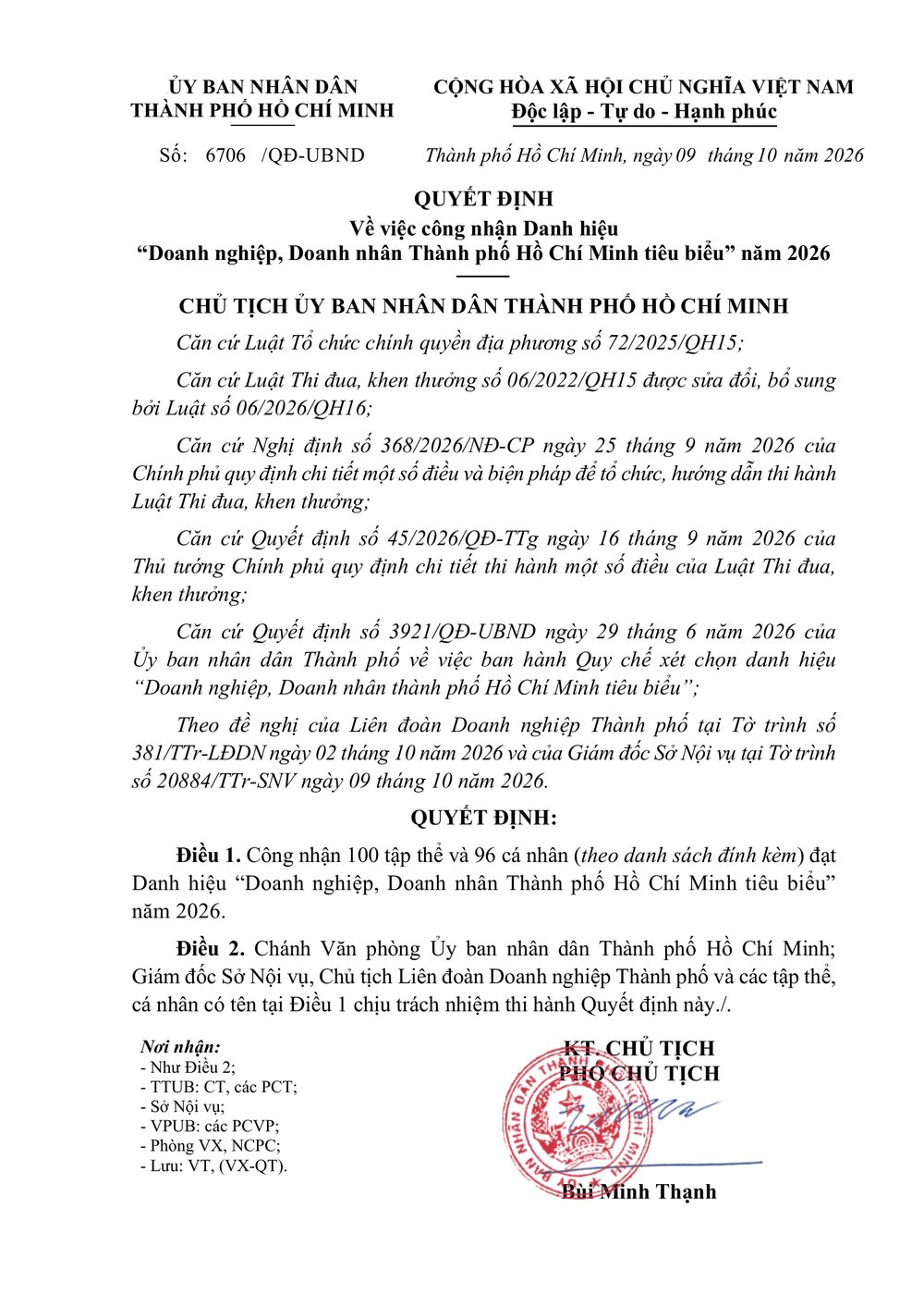 Trang 1 Quyết định số 6706/QĐ-UBND ngày 09/10/2026 của Chủ tịch Ủy ban nhân dân Thành phố Hồ Chí Minh về việc công nhận Danh hiệu Doanh nghiệp, Doanh nhân Thành phố Hồ Chí Minh tiêu biểu năm 2026, Phó Chủ tịch Bùi Minh Thạnh ký thay