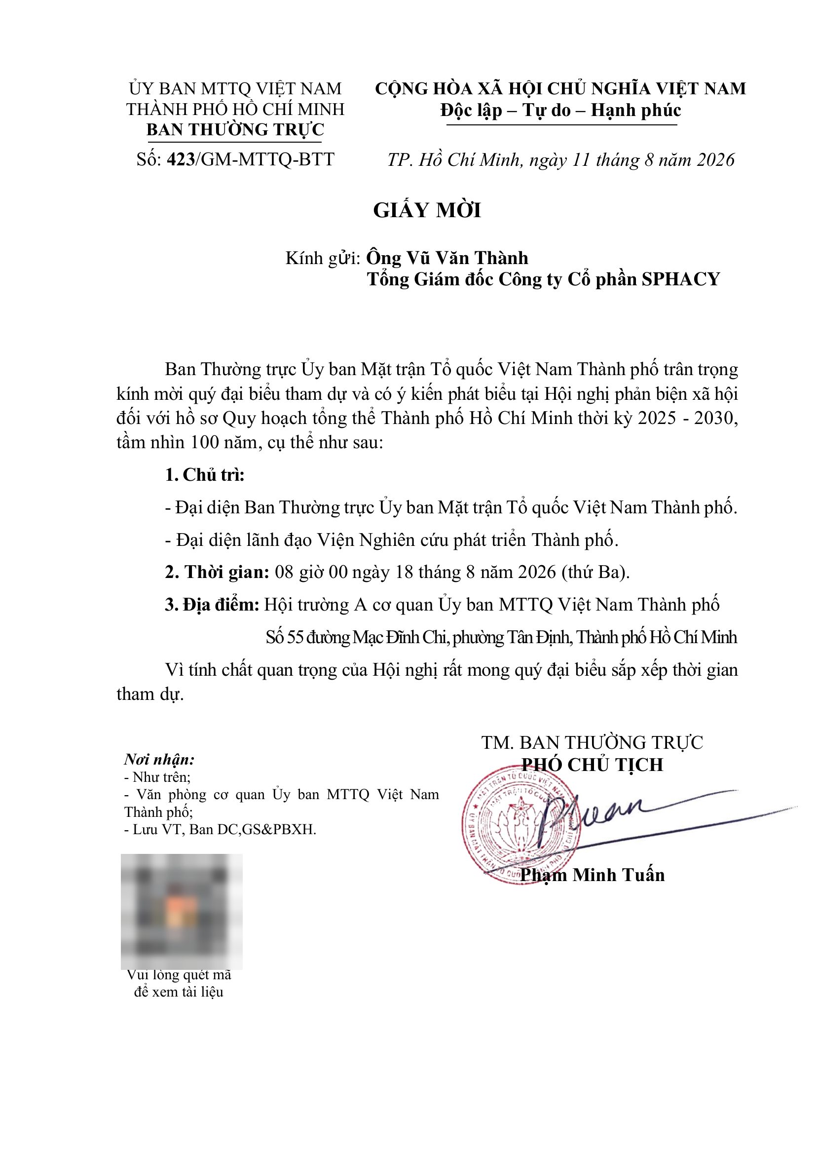 Giấy mời số 423/GM-MTTQ-BTT ngày 11/08/2026 của Ban Thường trực Ủy ban MTTQ Việt Nam TP.HCM mời ông Vũ Văn Thành - Tổng Giám đốc Công ty Cổ phần SPHACY tham dự và phát biểu tại Hội nghị phản biện xã hội hồ sơ Quy hoạch tổng thể TP.HCM 2025-2030