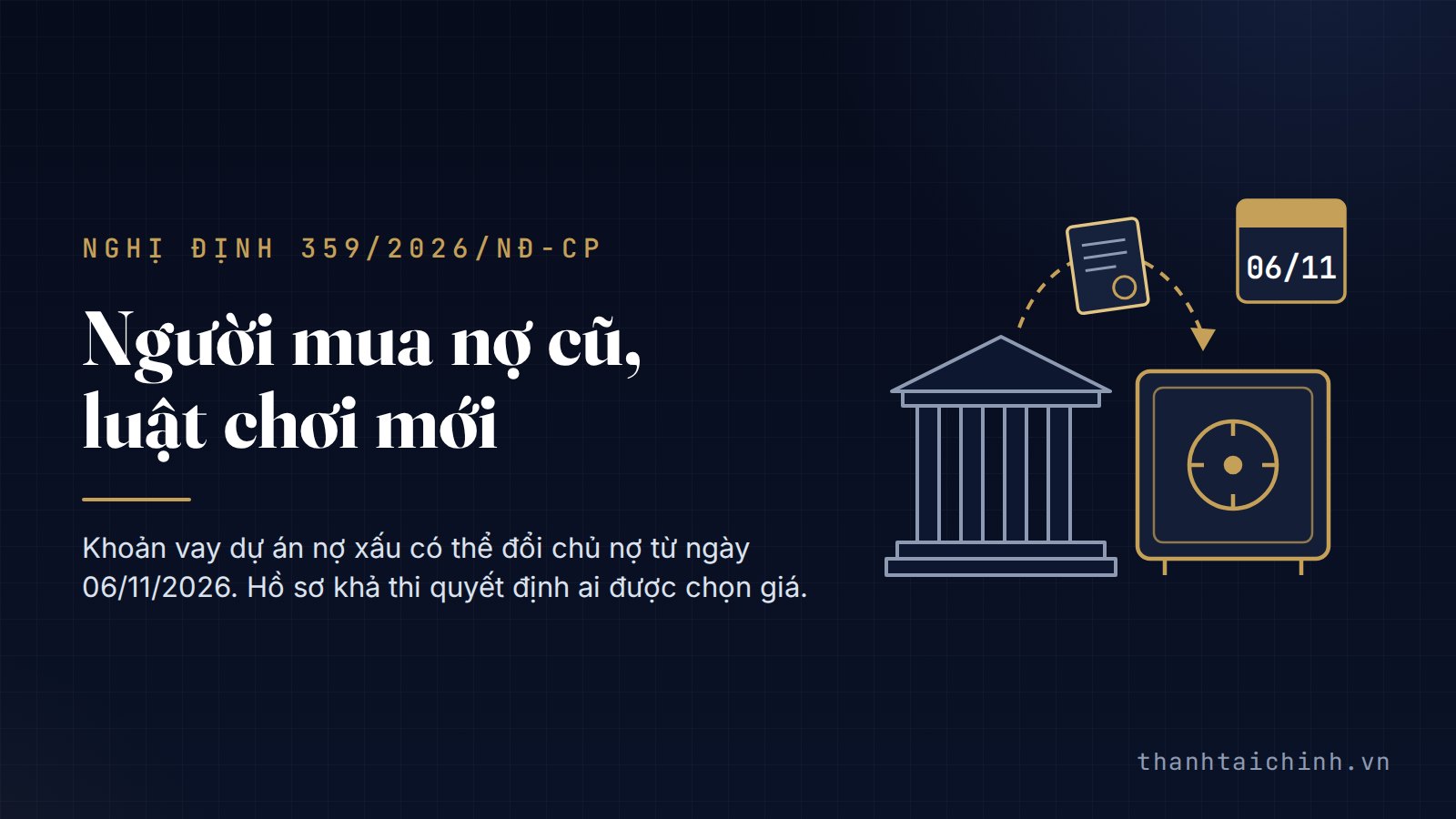 Minh họa: hồ sơ khoản nợ đi từ tòa nhà ngân hàng sang két sắt của bên mua nợ, cạnh tờ lịch ghi ngày 06/11