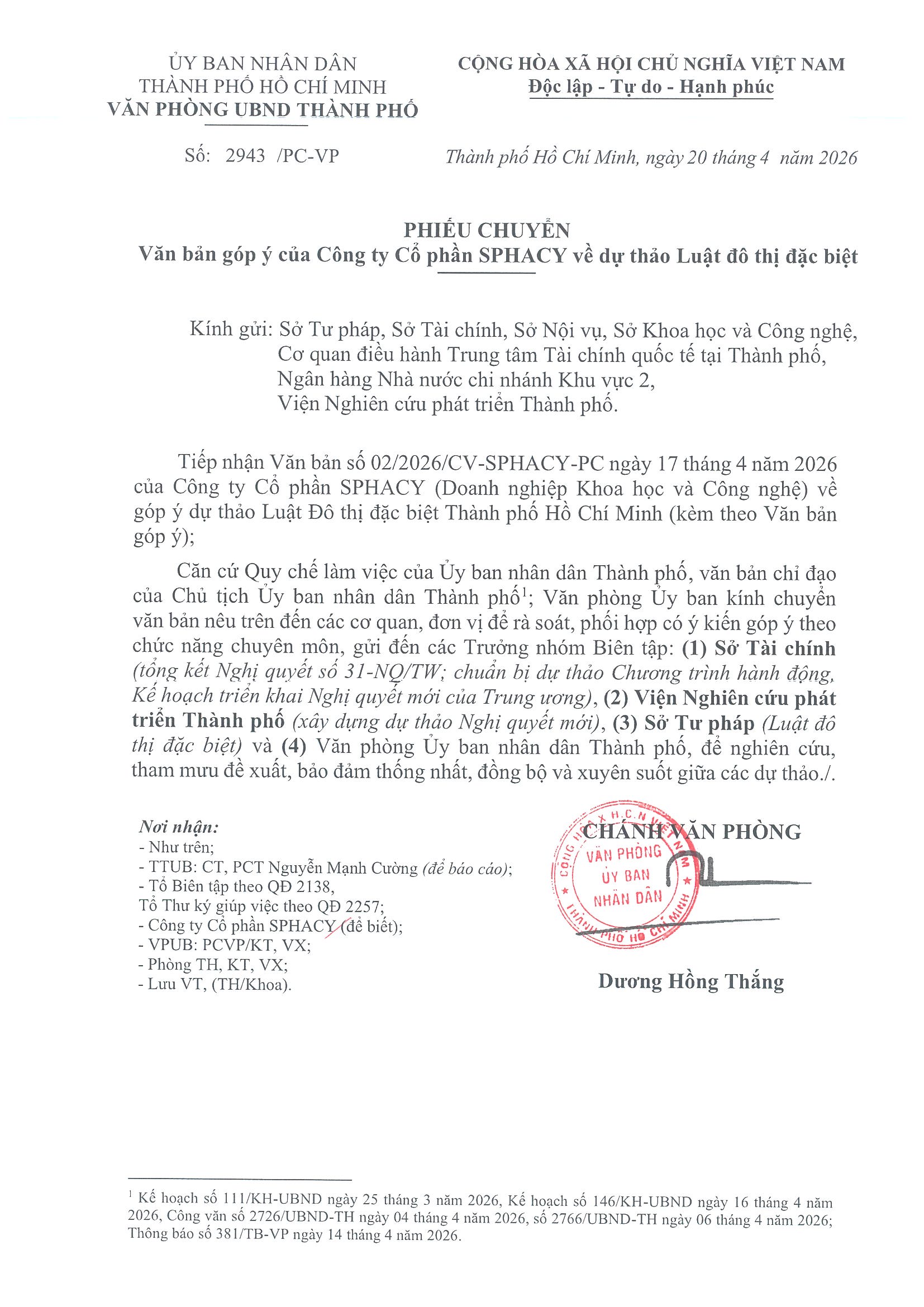 Văn bản số 2943/PC-VP của Văn phòng UBND TP.HCM ngày 20/04/2026 phản hồi văn bản góp ý dự thảo Luật Đô thị đặc biệt TP.HCM của Công ty Cổ phần SPHACY