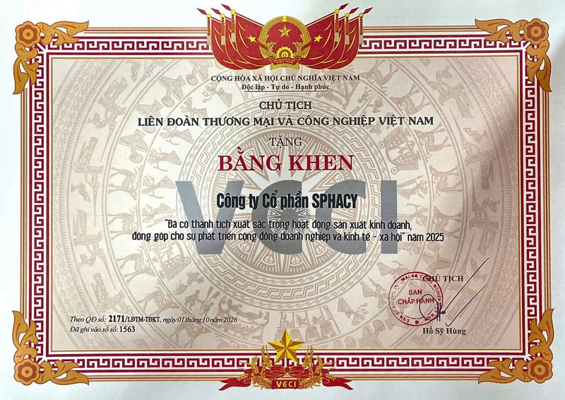 Bằng khen của Chủ tịch Liên đoàn Thương mại và Công nghiệp Việt Nam (VCCI) tặng Công ty Cổ phần SPHACY, Quyết định số 2171/LĐTM-TĐKT ngày 01/10/2026, thành tích năm 2025